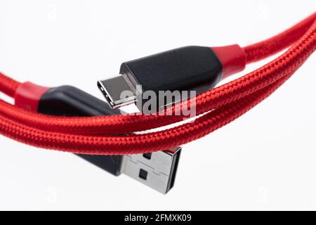 Usb type c cable in red color Stock Photo