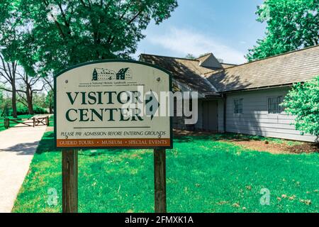 Ephrata, PA, USA - May 11, 2021: A sign at the Visitors Center at the Ephrata Cloister in Lancaster County, PA. Stock Photo