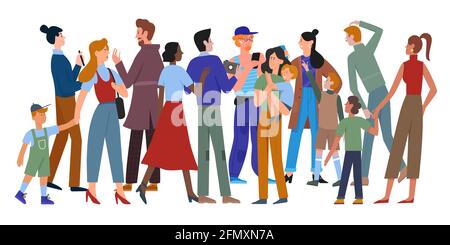 People walk in crowd vector illustration. Cartoon different ages and multiethnic diverse crowd group of man and woman characters in casual clothes walking, holding smartphone isolated on white Stock Vector