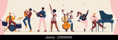 International jazz day, retro music festival party panorama concert vector illustration. Live music band playing musical instrument, woman singer and musicians with saxophone piano drum background Stock Vector