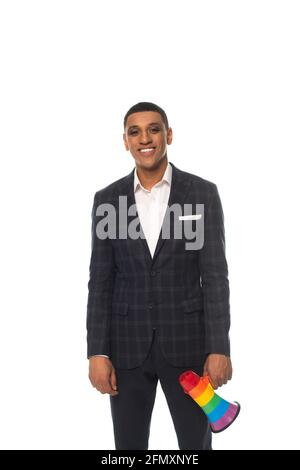 smiling african american businessman holding megaphone in lgbt colors isolated on white Stock Photo