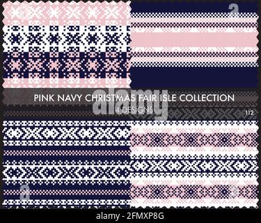 Christmas fair isle pattern collection includes 4 design swatches for fashion textiles, knitwear and Stock Vector