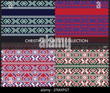 Christmas fair isle pattern collection includes 4 design swatches for fashion textiles, knitwear and Stock Vector