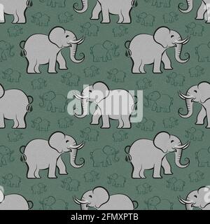 Seamless repeating pattern. Animals, stylized happy elephant on mossy green felt. Stock Vector