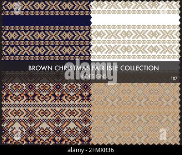 Christmas fair isle pattern collection includes 4 design swatches for fashion textiles, knitwear and Stock Vector