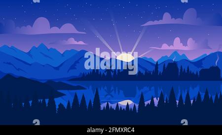 Night mountain landscape with pine forest, lake or river vector illustration. Cartoon evening scenery, reflection of fishing village houses in calm blue water, mountain and trees silhouette background Stock Vector