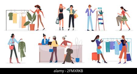 People shopping on sales in clothing fashion store or boutique vector illustration set. Cartoon man woman consumer shopper characters choose clothes to buy in shop, rush to sale isolated on white Stock Vector