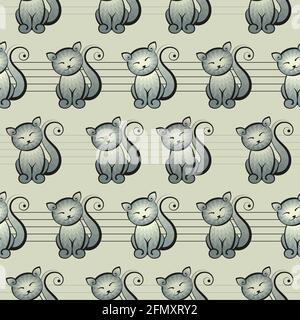 Seamless repeating pattern. Animals, stylized happy cats on notesheet. Stock Vector