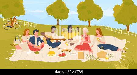 Young people students on picnic in summer nature green park vector illustration. Cartoon happy friends man woman characters enjoy weekend, have fun, eat picnic food together summertime background Stock Vector
