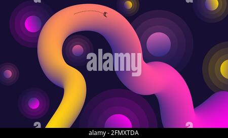 Yellow and pink curved tube with glowing circles on black vector illustration. Stock Vector