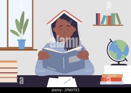 Bored young woman student and books, hard education work vector illustration. Cartoon sad sleepy unhappy teenage character studying, sitting with open textbook at school classroom, library or home Stock Vector