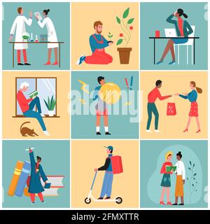 People working, life scenes vector illustration set. Cartoon tiny man woman characters learn to find new creative idea, work in office or shop sales, postal delivery service, read book background Stock Vector