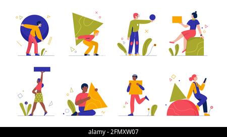 People carry geometric abstract shapes vector illustration set. Cartoon young man woman characters holding square circle triangle rectangle shapes forms, work with geometry objects isolated on white Stock Vector
