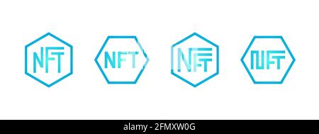 NFT non-fungible blue token logo set. Online money for buy exclusive art icon collection. Pay for unique collectibles in games. Blockchain technology crypto coins. Vector isolated eps illustration Stock Vector