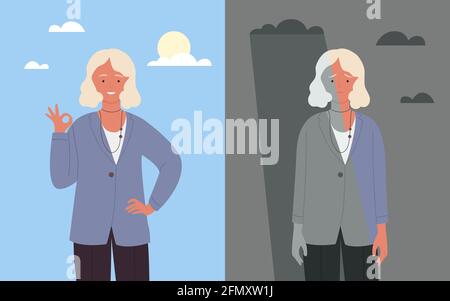 Young woman with happy or bad mood vector illustration. Cartoon sad female character has emotional mental problems, standing under stress clouds and rain, smiling Stock Vector