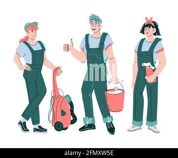Friendly smiling cleaning company staff, flat cartoon vector ...