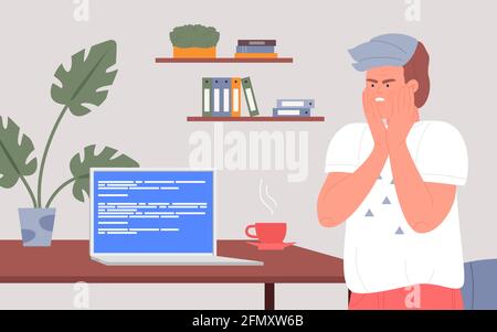 Office worker and broken computer vector illustration. Cartoon angry student character watching blue error warning window of death on pc screen, frustrated employee has software problem background Stock Vector