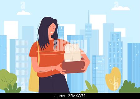 Happy girl with purchase boxes after shopping, discount sales in shop store vector illustration. Cartoon shopper woman character holding gift boxes, standing in commercial center of city background Stock Vector