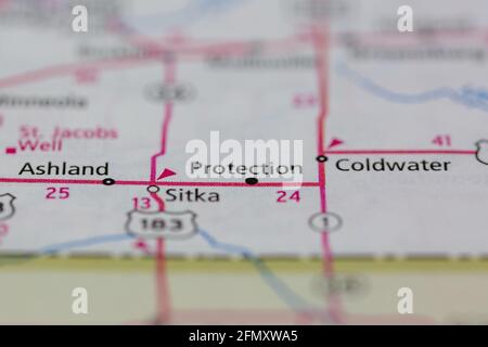 Protection Kansas USA shown on a Geography map or Road Map Stock Photo