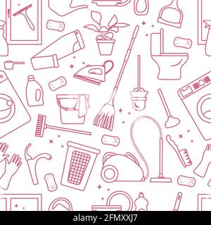 Vector Seamless pattern Illustration Cleaning Maid service Housekeeping Washing machine Mop Watering can Iron Vacuum cleaner Professional hygiene serv Stock Vector