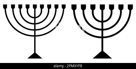 Hanukkah Menorah candelabrum black sign isolated on white. Religion icon. Silhouette of sacred jewish object. Stock Vector