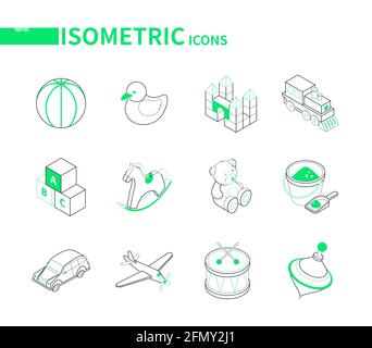 Toys and leisure games for children - modern line isometric icons. Activities for kids concept. Colorful objects, ball, abc block, castle, teddy bear, Stock Vector