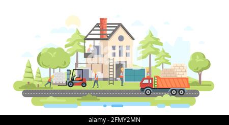 Residential house under construction - flat design style illustration. Landscape with a building, trees, road. Images of special vehicles, forklift, t Stock Vector