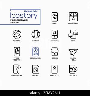 Mobile network - modern line design style icons set. Connection and services idea. Group and video call, group chat, voice message, geolocation, socia Stock Vector