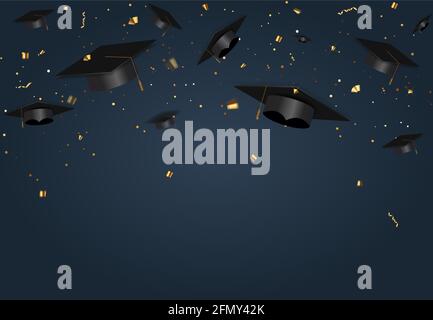 Graduation class party blue background with graduation cap hat and confetti. Vector Illustration Stock Vector