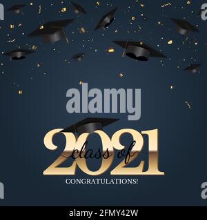 Graduation class of 2021 with graduation cap hat and confetti. Vector Illustration Stock Vector