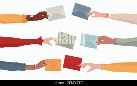 Arms and hands of multiethnic people holding an email as a concept of electronic mail information and sharing online. Send and receive messages. Team Stock Vector