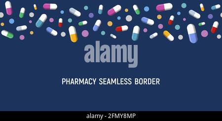 Seamless horizontal border vector pattern with colored pills, tablets, isolated on dark blue background. Medical preparations. Color illustration. Stock Vector