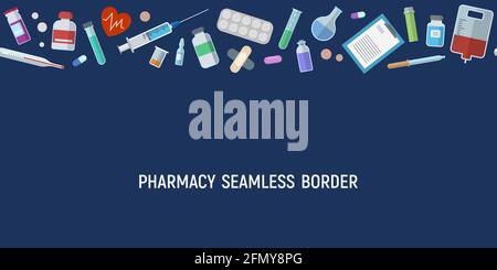Seamless horizontal border pattern with medical items. Health care medical background. Syringe, pills, vials, lab tests, dropper, thermometer and more Stock Vector