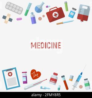 Vector medicine illustration. Medical items. Syringe, pills, vials, lab tests, thermometer and more. Document cover, layout template design. Health. Stock Vector