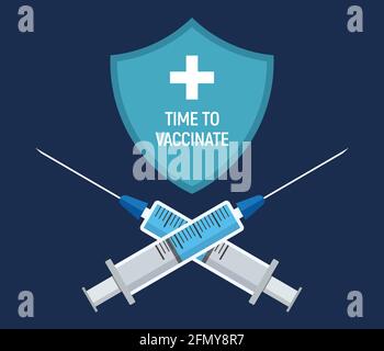 Vaccination concept design. Shield with cross and two crossing syringes with vaccine in front. Call for vaccination. Isolated vector color. Stock Vector