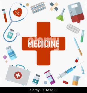 Medical items arranged around the red cross. Syringe, pills, vials, lab tests and more. Vector medicine illustration for medical or healthcare. Stock Vector