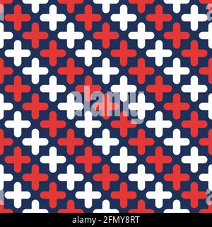 Abstract vector seamless medical pattern with rounded red and white crosses on blue background. Medical crosses. Flat design style. Color illustration Stock Vector