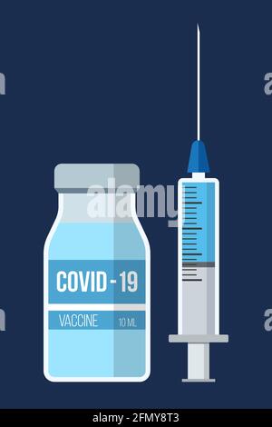 Vaccination concept design. Covid-19 coronavirus vaccine. Syringe and bottle icons. Flat design. Isolated vector color illustration. Stock Vector