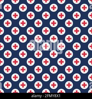 Abstract vector seamless pattern of white circles with red crosses, isolated on blue background. Medical crosses. First aid or plus sign pattern. Flat Stock Vector