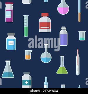 Seamless pattern with vials, test tubes, pipette, ampule, thermometer. Icons, isolated on blue background. Medical items. Vector color illustration. Stock Vector