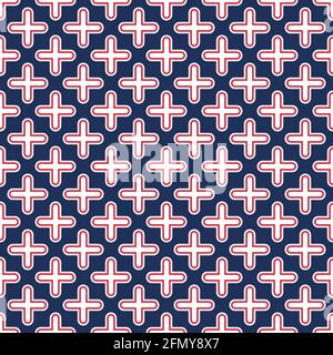 Abstract vector seamless medical pattern with rounded red and white crosses on blue background. Medical crosses. Flat design style. Color illustration Stock Vector