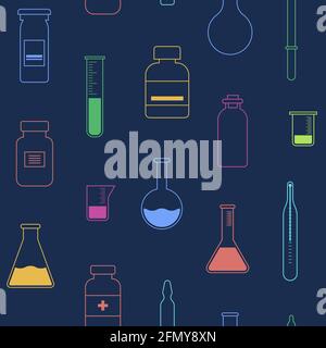 Seamless pattern with vials, test tubes, pipette, ampule, thermometer. Linear style. Outline icons, isolated on blue background. Medical items. Vector Stock Vector