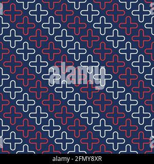 Abstract vector seamless medical pattern with outline rounded red and white crosses on blue background. Medical crosses. Flat design style. Color. Stock Vector