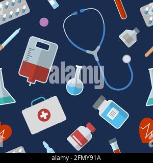 Seamless pattern with medical icons. Hospital signs. Stethoscope, vials, pills, test tubes, dropper. heart, doctor's bag, pipette. Vector color. Stock Vector