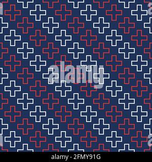 Abstract vector seamless medical pattern with outline red and white crosses on blue background. Medical crosses. Flat design style. Color. Stock Vector
