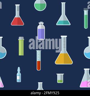 Seamless pattern with vials, test tubes, ampule. Icons, isolated on blue background. Medical items. Vector color illustration. Stock Vector