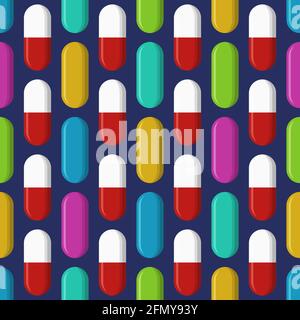 Vector seamless pattern with pills, tablets of different colors, isolated on dark blue background. Medical preparations. Flat design. Color. Stock Vector