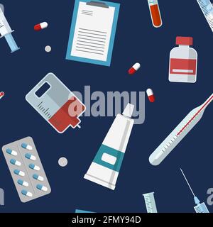 Seamless pattern with medical icons. Hospital signs. Vial, pills, capsules, test tubes, dropper, syringe, thermometer, tube. Vector color illustration Stock Vector