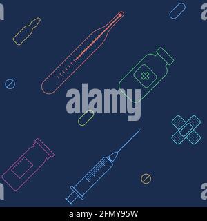 Seamless pattern with medical outline color icons. Hospital signs. Thermometer, vials, pills, syringe, glass ampoule, plaster. Linear style. Vector. Stock Vector