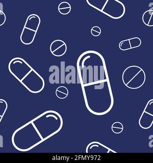 Vector seamless pattern with white pills, tablets, capsules, isolated on dark blue background. Medical preparations. Linear style design. Stock Vector